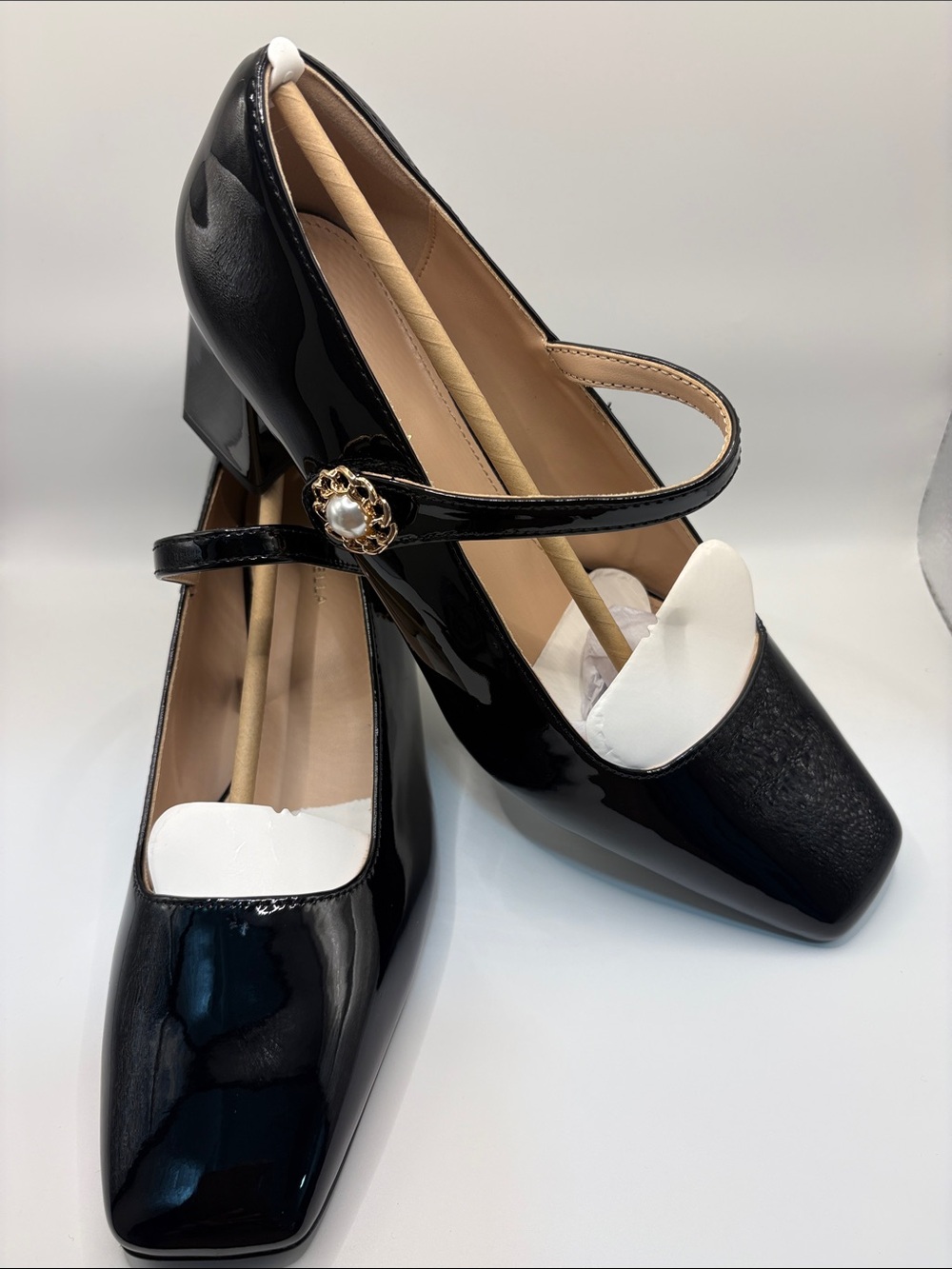 Black Patent Mary Jane Heels with Pearl-Embellished Buckle